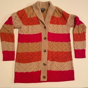 Lands End Wmns Drifter Cable Knit Cardigan. Striped in Fall Colors Size M.